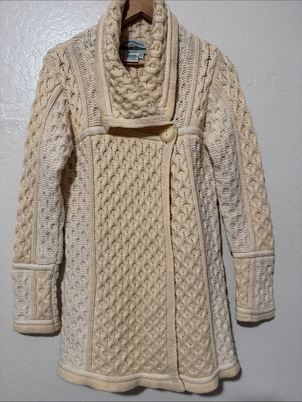 Aran Crafts Ireland 💯Merino Wool Cable Knit Cardigan Coat Sweater Cream XS